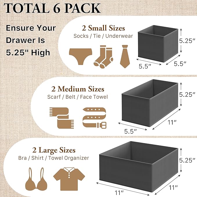 Simple Houseware Underwear Drawer Organizer for Lingerie/Undergarment/Bra/Panty/Sock/Onesie, Set of 6, Dark Gray
