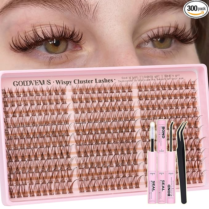Brown Lash Clusters Kit Natural 300Pcs Wispy Lashes Cluster Eyelash Cluster Extensions Kit C Curve Individual Lashes Extensions Kit For DIY Waterproof & Long - Lasting (Light Brown10-16mm)