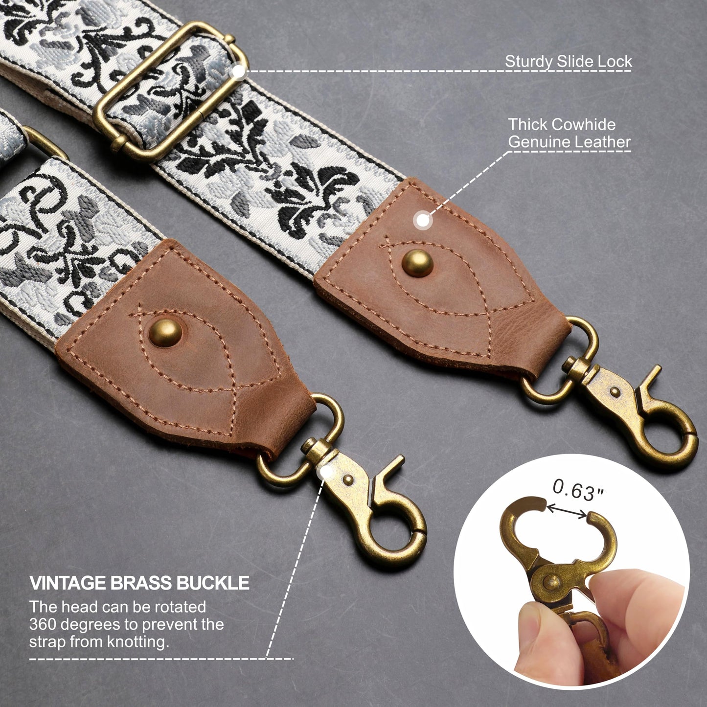 Nefelibata Purse Strap, 2" Crazy Horse Leather End Shoulder Strap Adjustable Replacement,Retro Jacquard Embroidery Multi-pattern Crossbody Bag Straps for Handbag,Crossbody Bags(Light gray jacquard)