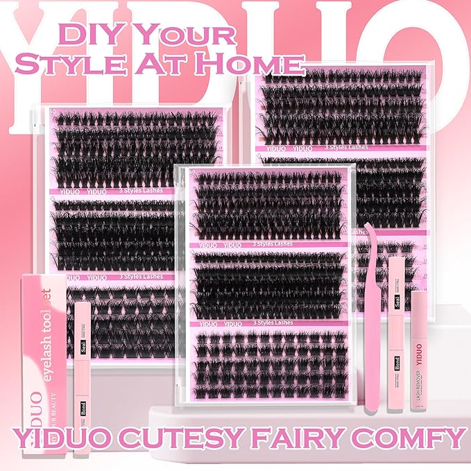 YIDUO Lash Clusters Kit with 2X Bond&Seal 770Pcs 5 style Thick Volume Clusters Lashes Extensions Kit Faux Mink Individual Wispy False Eyelashes Clusters Kit DIY at Home Easily