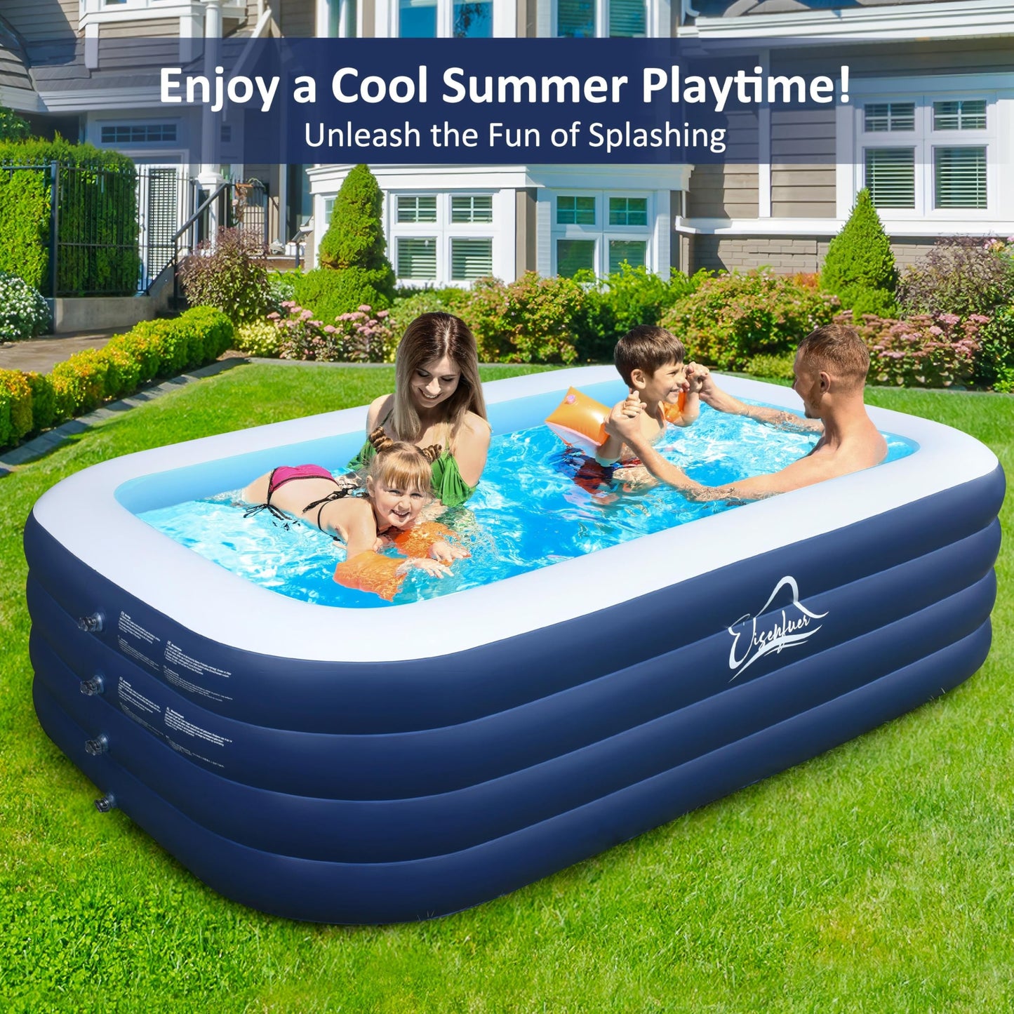 EISENFUER Inflatable Pool for Kids and Adults with No Collapse, 100" X 60" X 30" Deepened Swimming Pool for Toddlers, Outdoor, Garden, Backyard