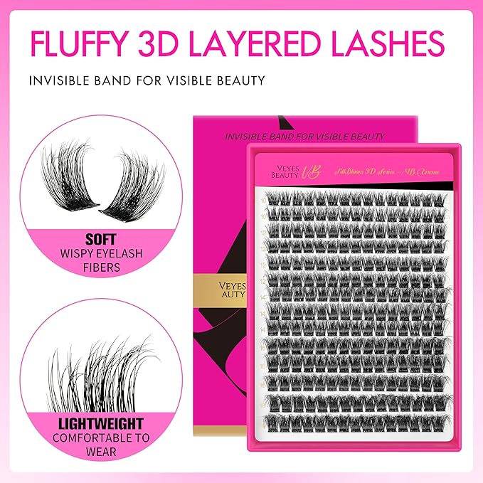 VEYESBEAUTY Lash Clusters Fluffy Individual Lash Extensions Xtreme 3D Layered Volume Eyelashes Thin & Invisible Band Wispy Spider Faux Mink Lash Silk Bloom 3D Series Mixed Length 10-18mm
