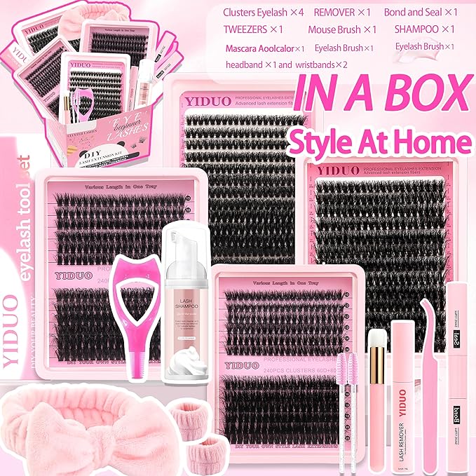 YIDUO 994Pcs Lash Clusters Kit Gift Packs 60D/80D/100D Volume 3D Clusters Lashes Extensions Kit 10-20mm D Curly Wispy Soft DIY Individual Eyelash Extension Kit 4 Box pestañas postizas Bulk Pack