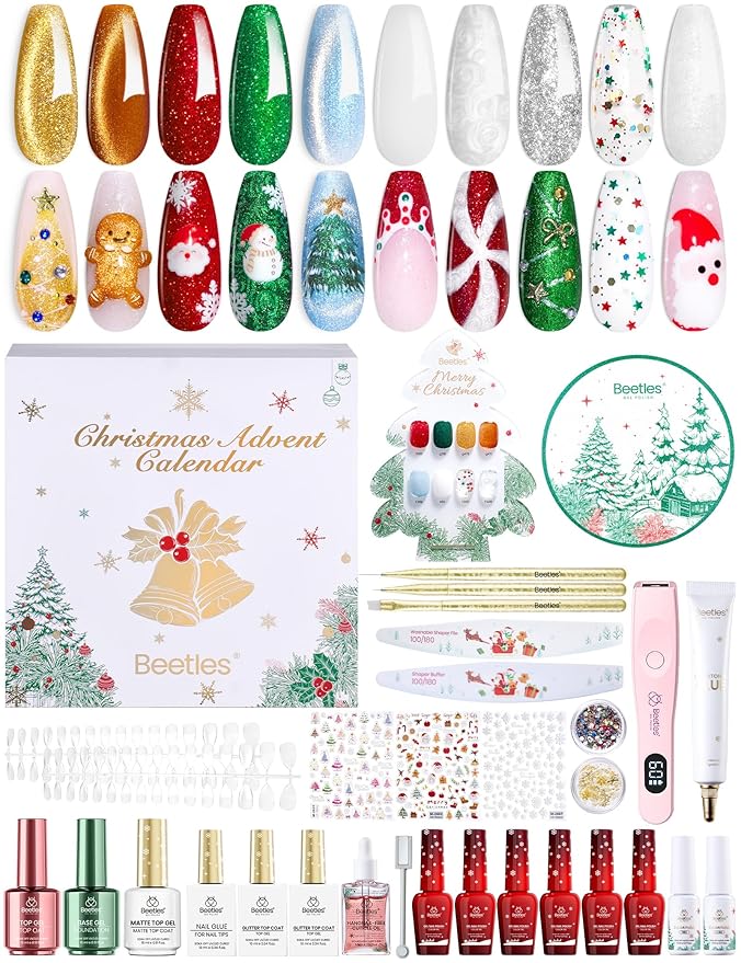 beetles Gel Polish Merry Glitzmas 2025 Gift Box – Nail Art Set with Mini LED Nail Lamp Base Top Coat and Festive Holiday Surprises Gifts for Women Girls