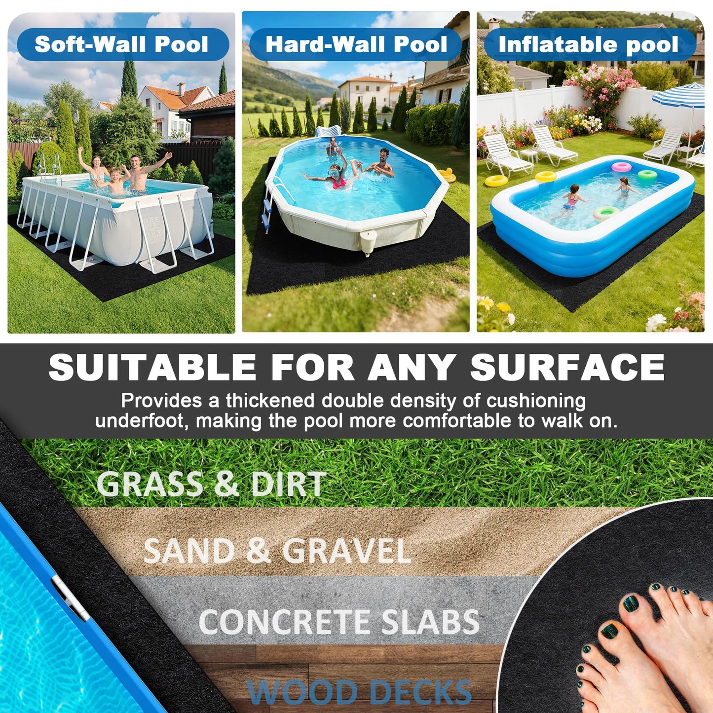 12x24ft Rectangle Pool Liner Pad for Above Ground Pools,300G/M² Thicker Pool Liner Pad, Durable Density Puncture Resistant Mat,Effortless to Install, Pools Bottom Liner Protector, Extend Liner Life