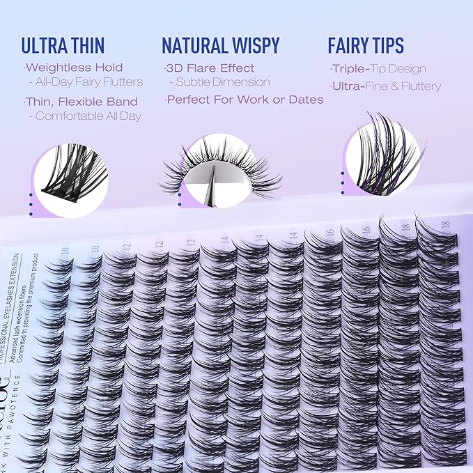 Pawotence Wispy Lash Clusters Natural Eyelash Clusters 10-18mm Fairy Lashes Cluster Eyelash Extensions 144pcs Anime Individual Cluster Lashes Wispy for DIY Lash Extension