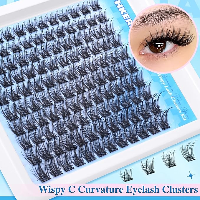 PHKERATA Natural Lash Extension Kit Wispy Lash Clusters Kit Lashes Clusters C Curvature Cluster Eyelash Extension DIY Cluster Lashes with Lash Bond Seal Lash Glue Remover Tweezers Individual Lashes
