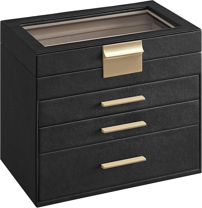 SONGMICS GISELLA Collection - Jewelry Box Organizer, 4-Layer Jewelry Storage with 3 Drawers, Shiny Metal Hardware, Glass Lid, Modern, 6 x 9.9 x 8.5 Inches, Ink Black and Gold Color UJBC161B02
