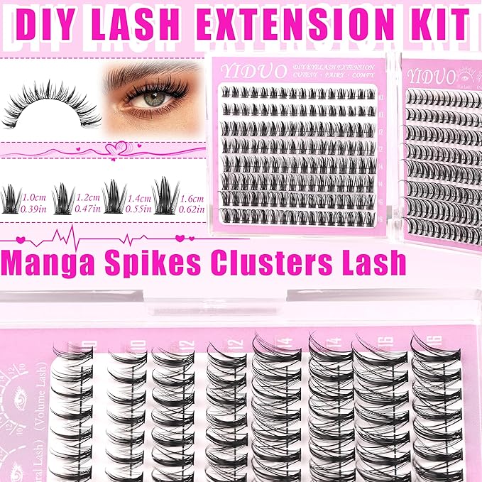 YIDUO 6 Styles Eyelash Clusters Kit 40D/60D/Volume/Manga/Spikes Portable Lash Makeup Bag Kit 10-18mm Wispy Individual Eyelash Extensions, Volume Studio Effect Lashes Kit