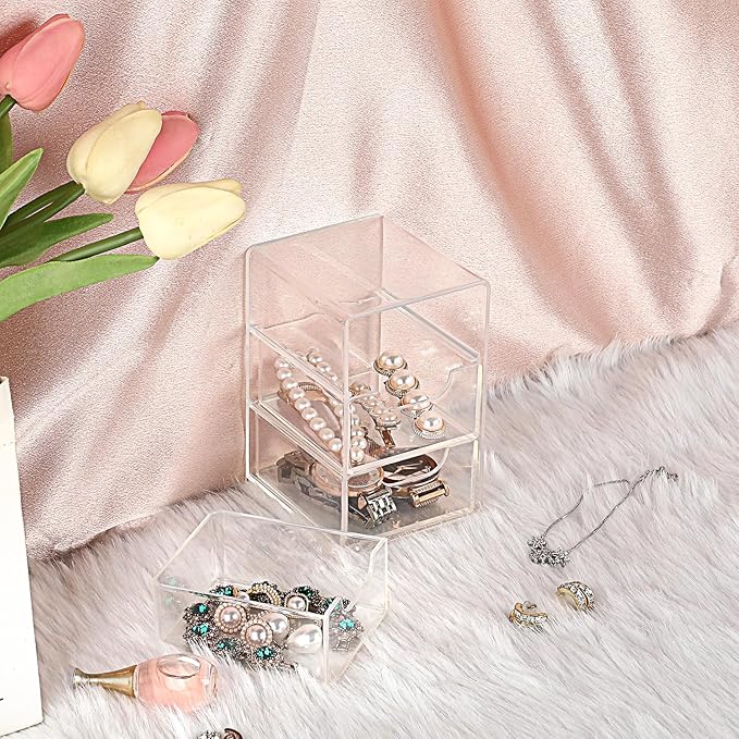 BTSKY 1 Pack Small Acrylic Storage Organizer with Drawers, 3-Layer Clear Desktop Organizer for Office Supplies Mini Storage Box with Drawers for Desk, Desktop Makeup Drawer Jewelry Storage Box