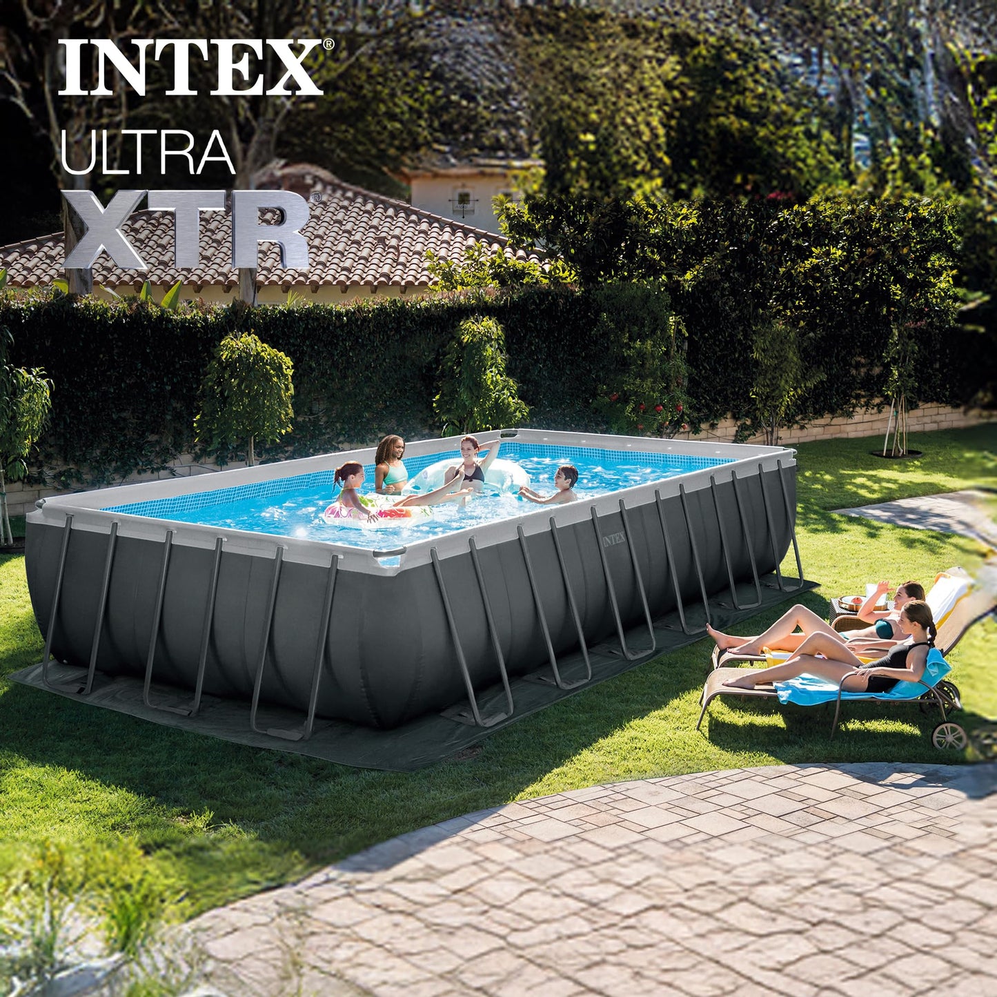 INTEX Ultra XTR 24 ft x 12 ft 52 in Above Ground Pool Set, Rectangular Swimming Pool with Steel Frame, 2100 GPH Sand Filter Pump, Ladder, Cover, & Ground Cloth