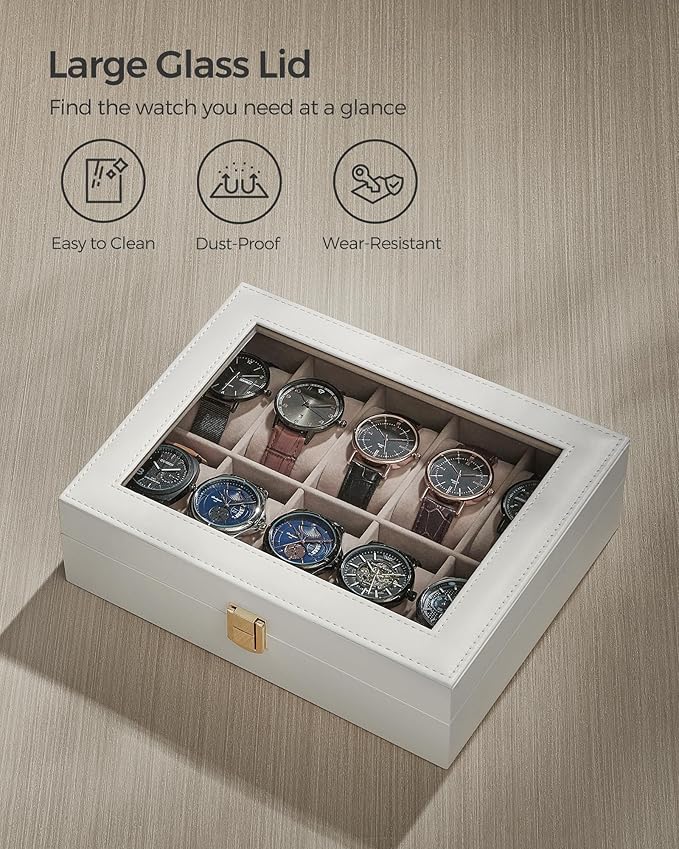 SONGMICS Watch Box, 10-Slot Watch Case Organizer with Large Glass Lid, Removable Pillows, Gift for Loved Ones, Cloud White Synthetic Leather, Cappuccino Beige Lining UJWB010W01
