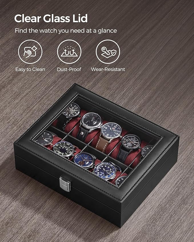 SONGMICS Watch Box, 10-Slot Watch Case Organizer with Large Glass Lid, Removable Pillows, Gift for Loved Ones, Black Synthetic Leather, Wine Red Lining UJWB010R01