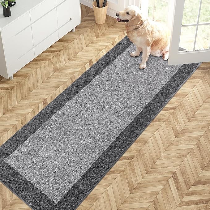 PURRUGS Dirt Trapping Door Mat 24" x 70", Non-Slip Washable Entry Mat, Dog Doormat, Front Door Mat, Super Absorbent Entrance Mat for Muddy Shoes & Paws, Light Grey & Grey