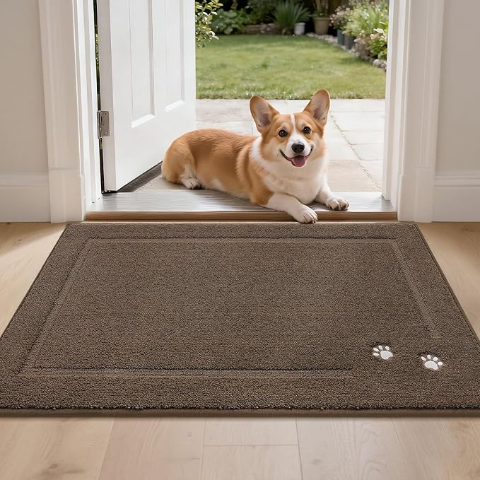BEQHAUSE Dog Door Mat for Mud Paws Dirt Trapper Doormat Non-Slip Entryway Rugs Absorbent Welcome Mat Washable Indoor Floor Mat Low-Profile for Front Door, 24" x 36", Brown