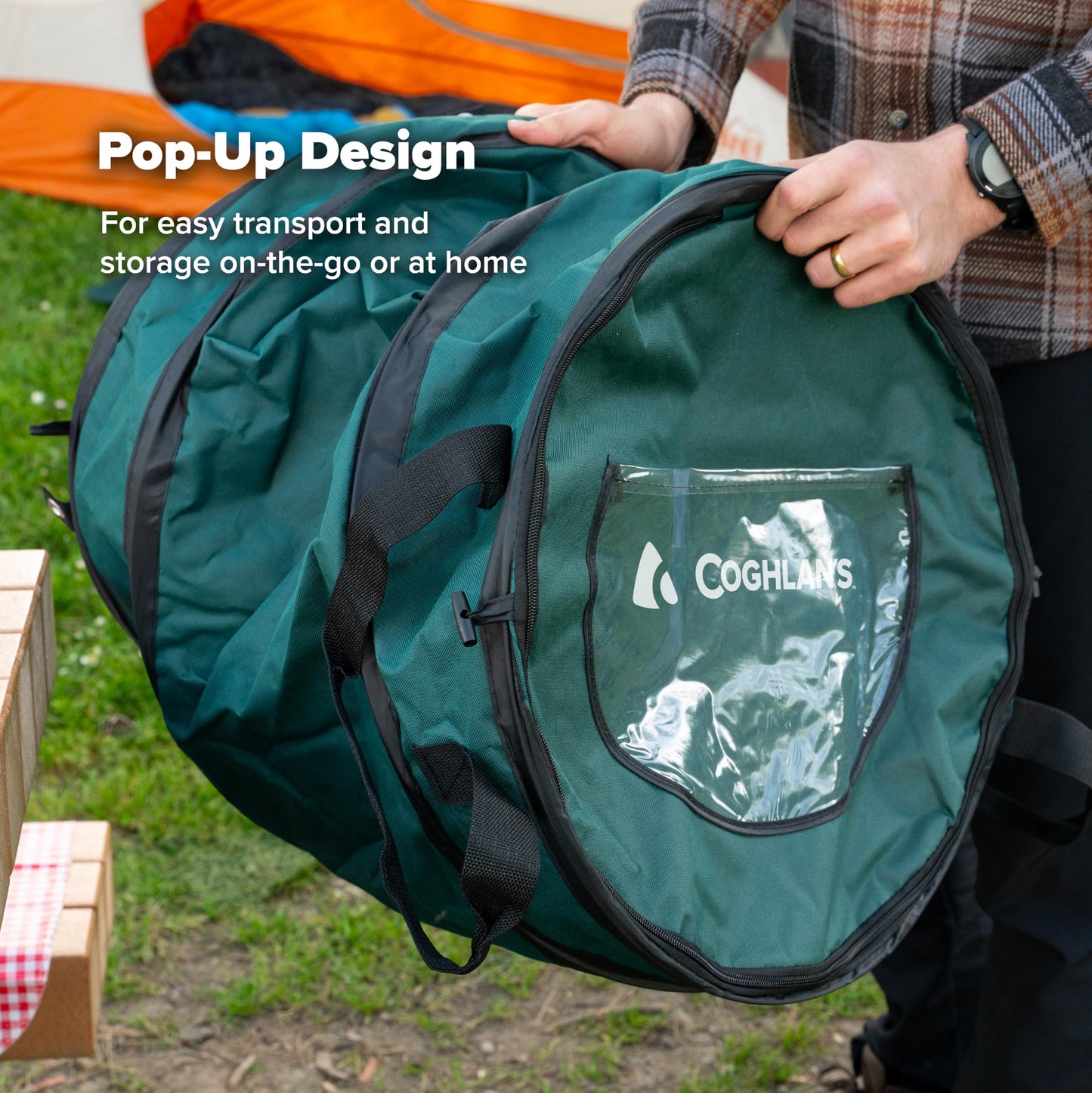 Coghlan's Deluxe Durable Pop-Up Trash Can – Collapsible Garbage Bin with Zippered Lid, Bag Clips, and Anchoring Points for Camping, Home, and Outdoor Use – 29.5 Gallon