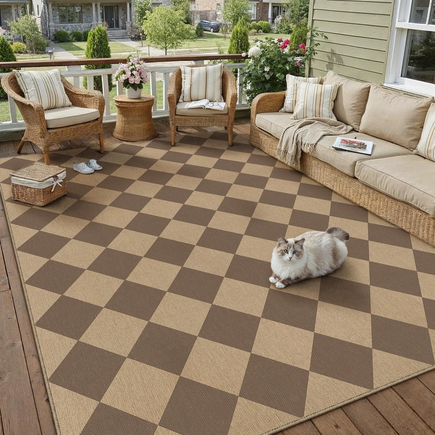 PureCozy 5x7 Checkered Easy Jute Area Rug for Living Room Checkerboard Washable Indoor Outdoor Carpet Farmhouse Patio Office Mat Geometric Non Slip Brown Carpet for Backyard Dining Room