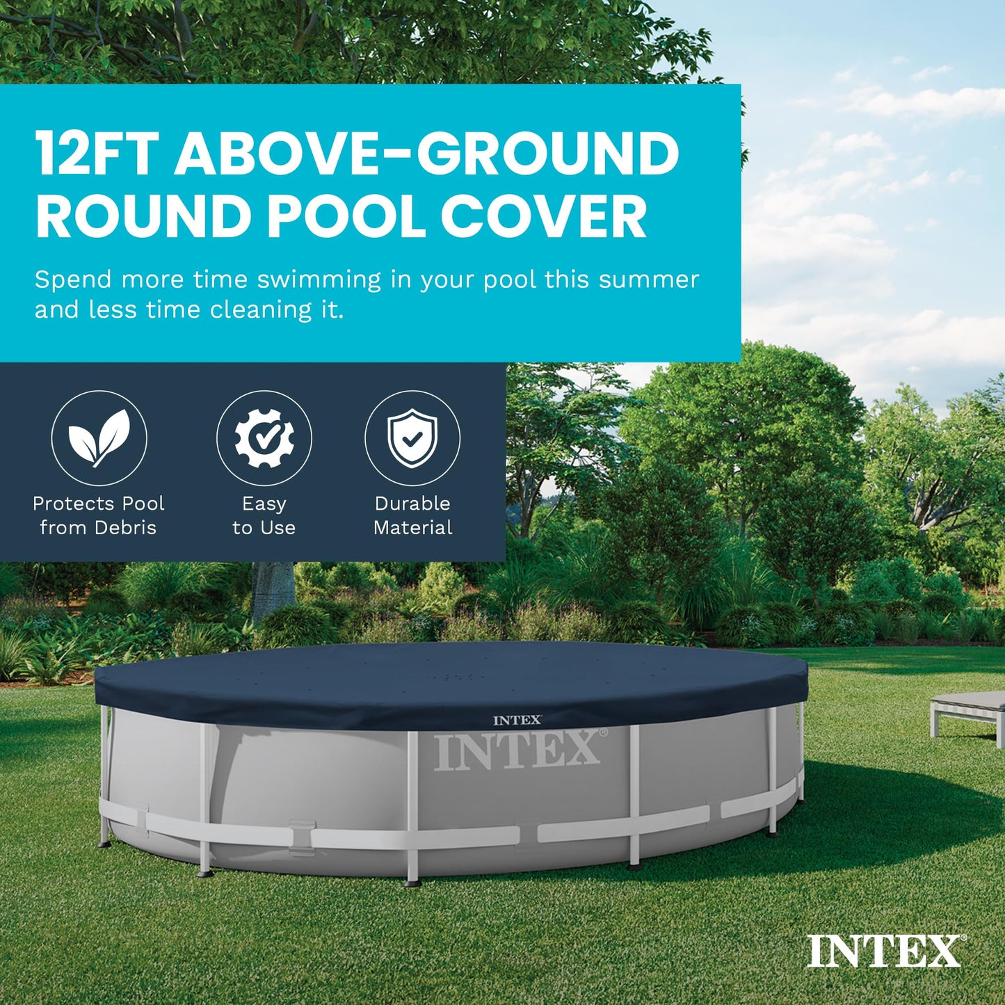 INTEX 28031E Pool Cover: For 12ft Round Metal Frame Pools – Includes Rope Tie – Drain Holes – 10in Overhang – Snug Fit