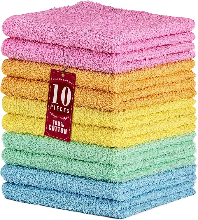 DecorRack 10 Pack 100% Cotton Wash Cloth, Luxurious Soft, 12 x 12 inch Ultra Absorbent, Machine Washable Washcloths, Assorted Colors (10 Pack)