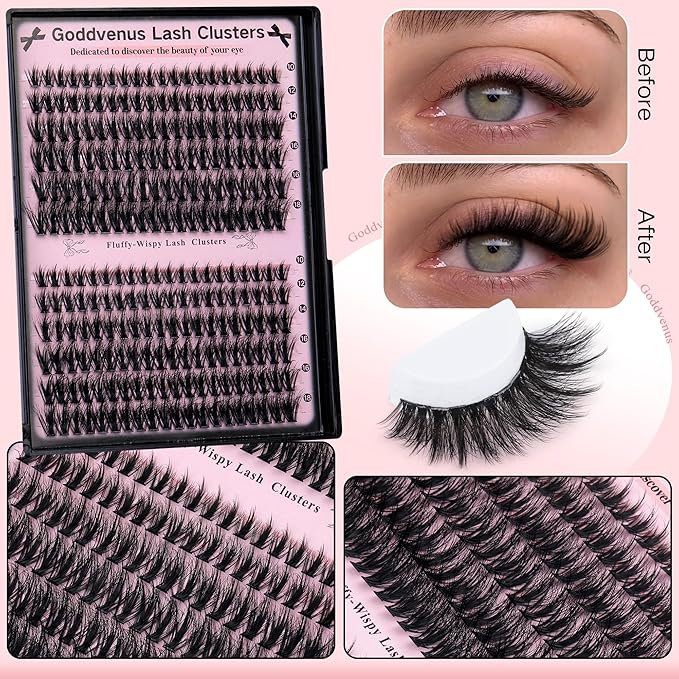 Goddvenus Lash Clusters Wispy Eyelash Clusters Fluffy Lashes Clusters Cute D Curl Cluster Eyelash Extensions with Soft Cotton Band Cluster Lashes 10-18mm Eyelashes Clusters for DIY Lash Extension