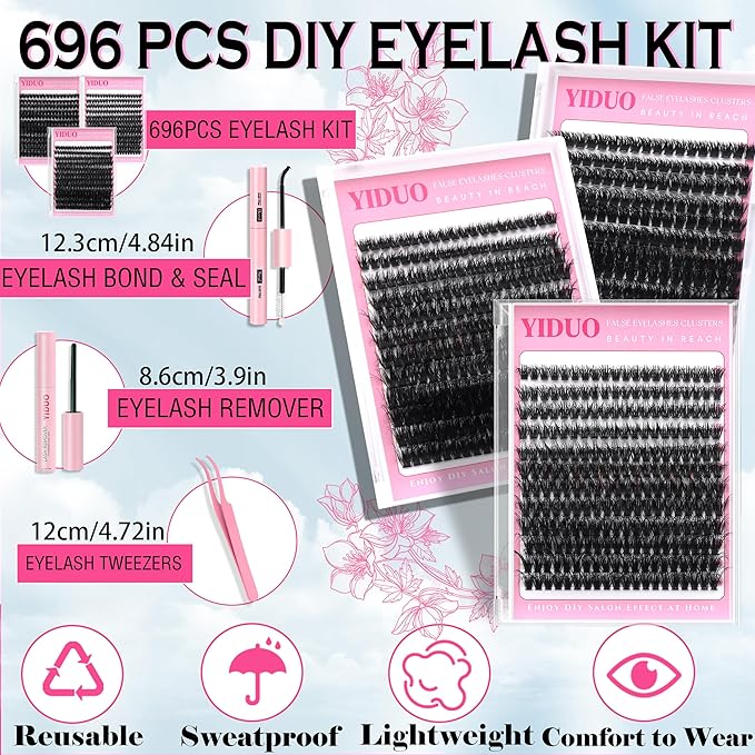 YIDUO 60D+80D+100D Lash Cluster Kit 3 style Volume Clusters Lashes Eyelashes Kit 696Pcs Wispy 10-18mm DIY Individual Eyelash Extensions Wholesale Combo Pack with Glue|Tweezers|Removers