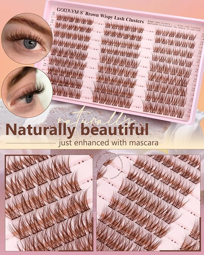 Goddvenus Brown Wispy Lash Clusters Kit Natural Cluster Eyelash Extensions Kit False Eyelashes Clusters Fluffy DIY Individual Lash Extensions Kit C Curl
