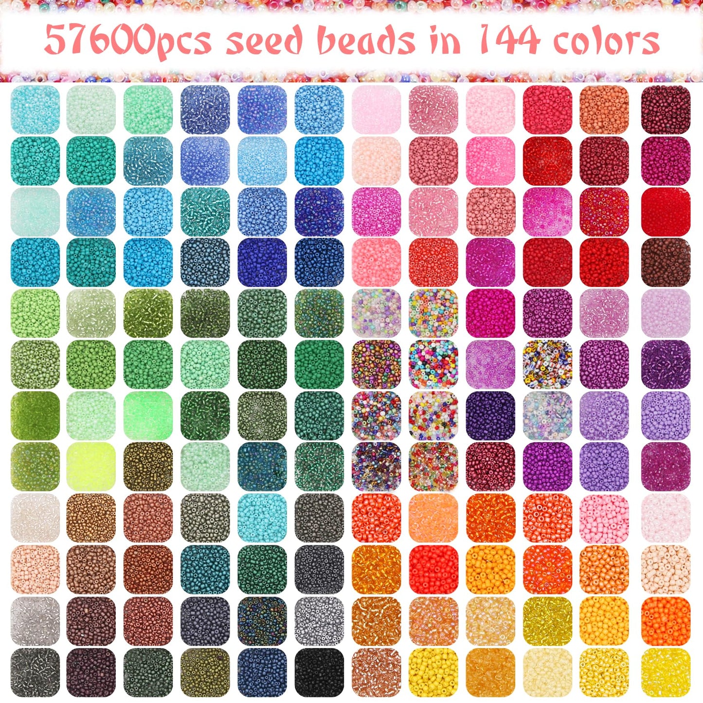 EuTengHao 57600pcs 2mm Glass Seed Beads Small Craft Beads for DIY Bracelet Necklaces Crafting Jewelry Making Supplies with Beading Needles Elastic Strings (144 Colors, 400Pcs Per Color)