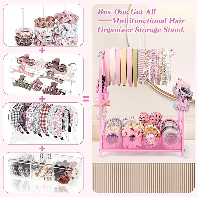 Keebofly Acrylic Hair Accessories Organizer, Versatile Headband Holder Stand for Scrunchies, Bows, Claw Clips, Hair Tie, Compact Hair Organizer Storage Container for Girls, Women, Babies, Soft Pink