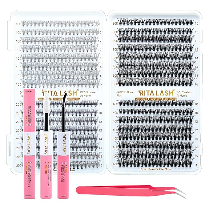 RITALASH Lash Extension Kit 10D+20D+30D+40D DIY Lash Clusters 640pcs Cluster Lashes Individual Lashes Eyelash Extension Kit with Lash Bond and Seal,Lash Tweezers(10D+20D+30D+40D Kit,10-16mm)