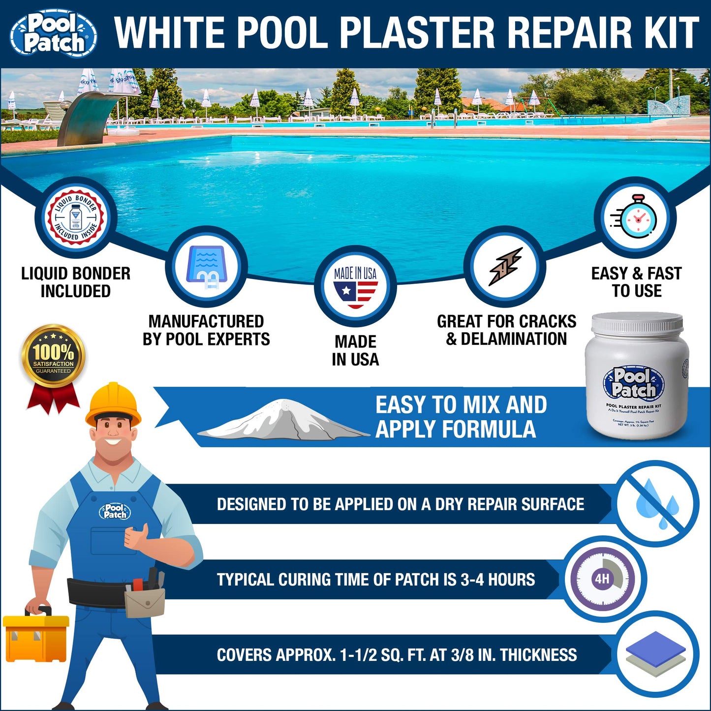 Pool Patch White Pool Plaster Repair Kit (3lb) – Professional Cement-Based Marcite & Gunite Patch – Includes Liquid Bonding Agent – Permanent Pool Surface Crack & Chip Repair