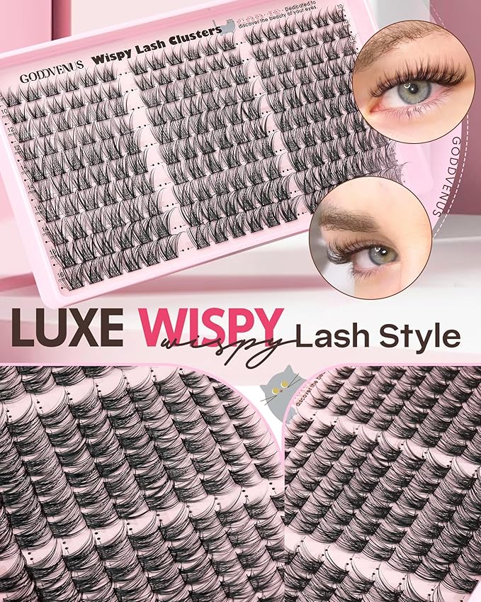 Goddvenus Lash Clusters Kit Wispy Cluster Eyelash Extensions Kit Natural DIY Lash Extension Kit 10-16mm Eyelashes Clusters 180pcs C Curl Individual Lashes Cluster Eyelash (No Tweezers)