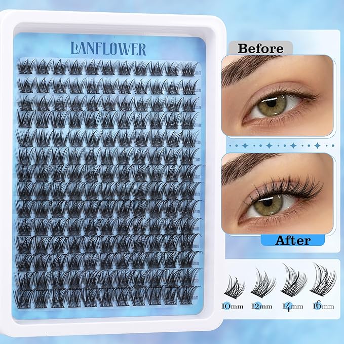 Wispy Lash Clusters Kit Natural Lash Extension Kit C Curved Eyelash Extension Kit 10-16mm Eyelash Clusters Thin Band Cluster Eyelash Extensions Kit 154pcs Individual Lashes by Lanflower