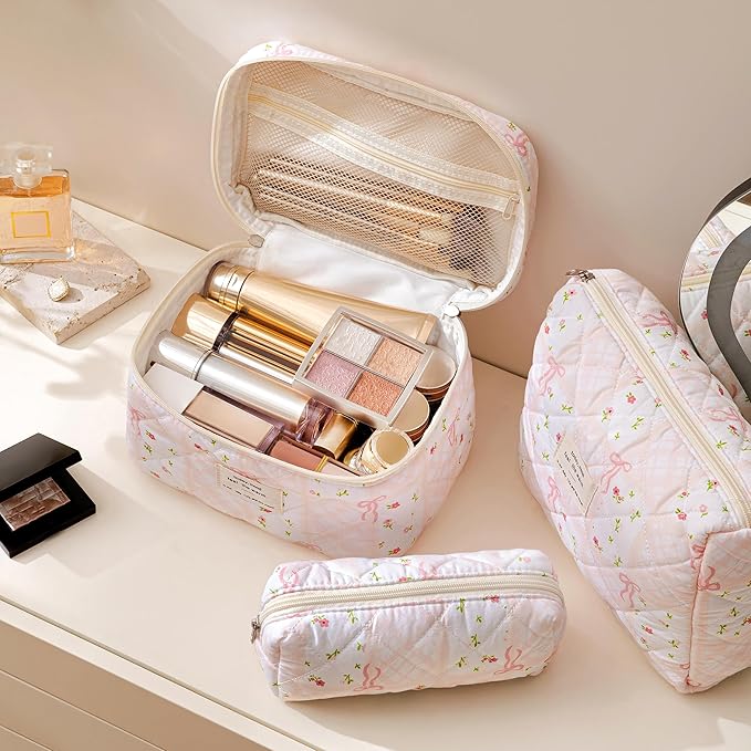 HBselect Quilted Makeup Bag, 3PCS Cotton Large Travel Makeup Bag, Cute Floral Coquette Make up Bag Cosmetic Bag Toiletry Bag for Women Girls