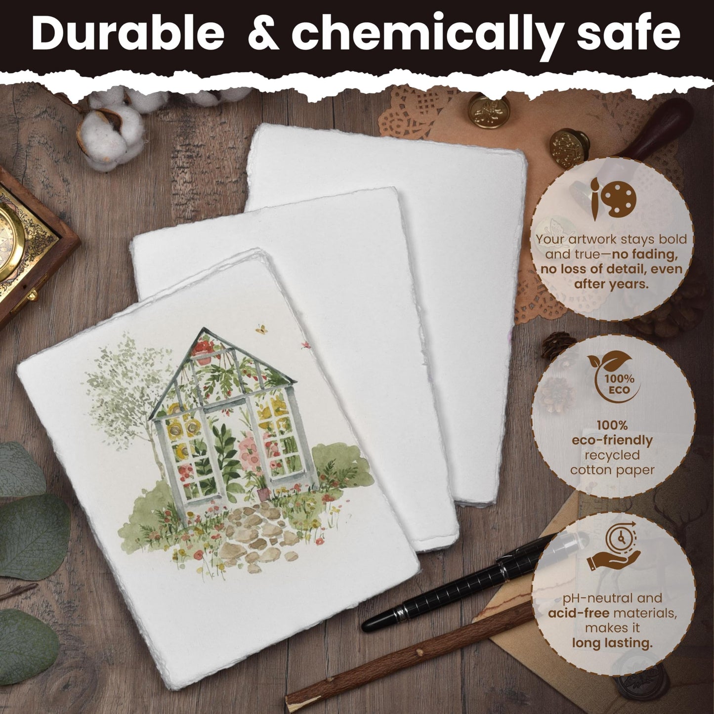 LEATHER VILLAGE Watercolor Paper - 12 X 16 inches, 50 Sheets - Mixed Media Watercolor Paper - 150 GSM Thick Deckle Edge Virgin Cotton Handmade Paper - Off White
