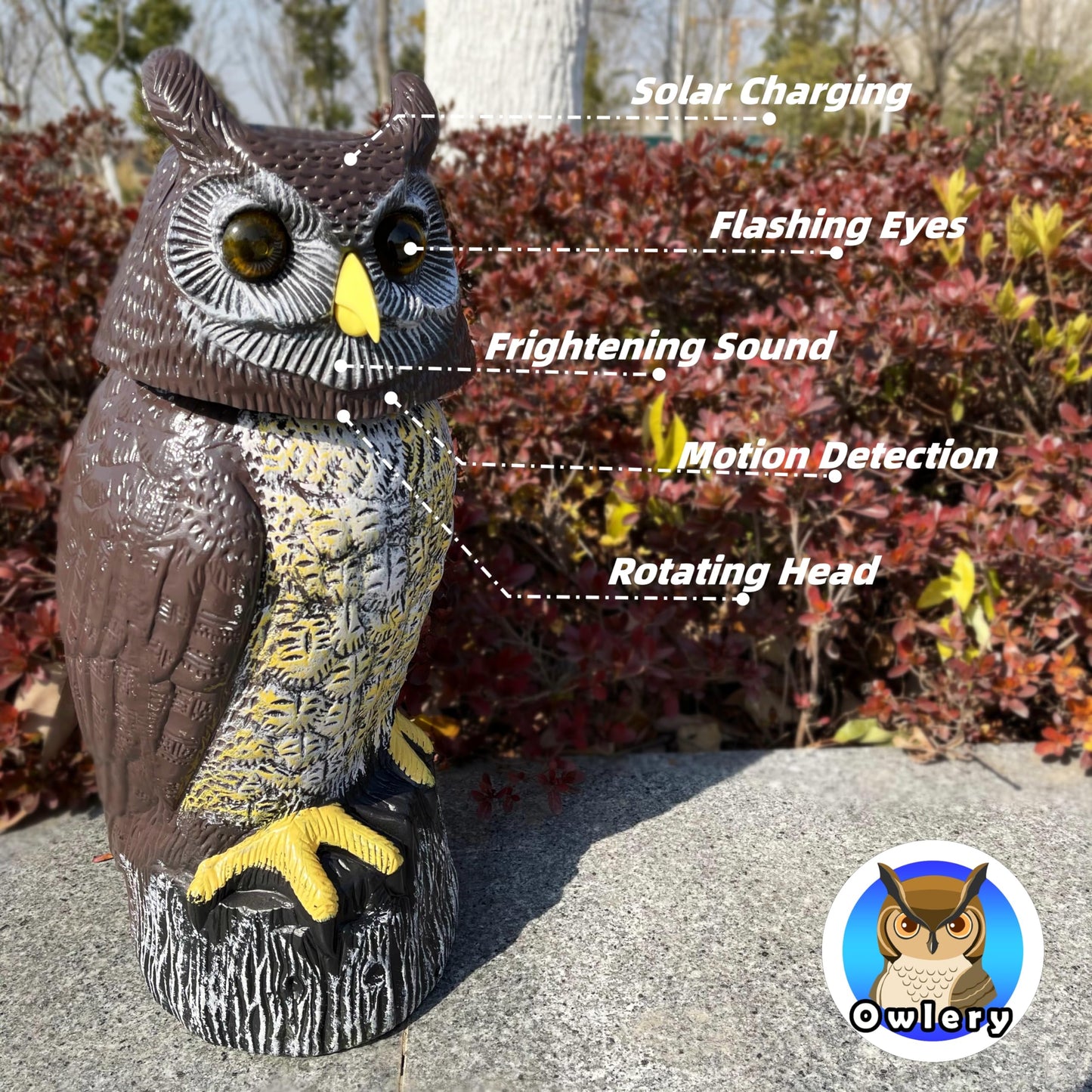 Owlery Large Solar Owl with Motion Detector, Flashing Eyes, Spinning Head, Realistic Hooting and Silent Mode, Garden Owl, Outdoor Statue, Decoration for Home, Garden, Patio and Fence