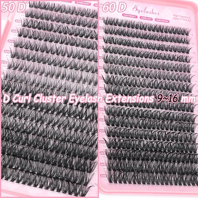 Manga Lash Clusters, 640 Pcs Eyelashes Clusters Extensions 9-16mm Individual Lashes D Curl Fluffy Wispy False Eyelashes Thin Band (50D&60D)