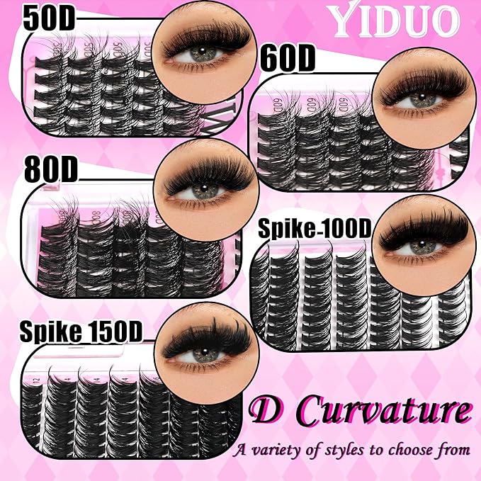 YIDUO Lash Clusters Kit 1021Pcs Volume Clusters Lashes Extensions with 2X Bond and Seal cat eye 50D/60D/80D + Manga 100D/150D Spikes Eyelash Cluster Kit 10-18mm Wispy Individual Lash DIY at Home
