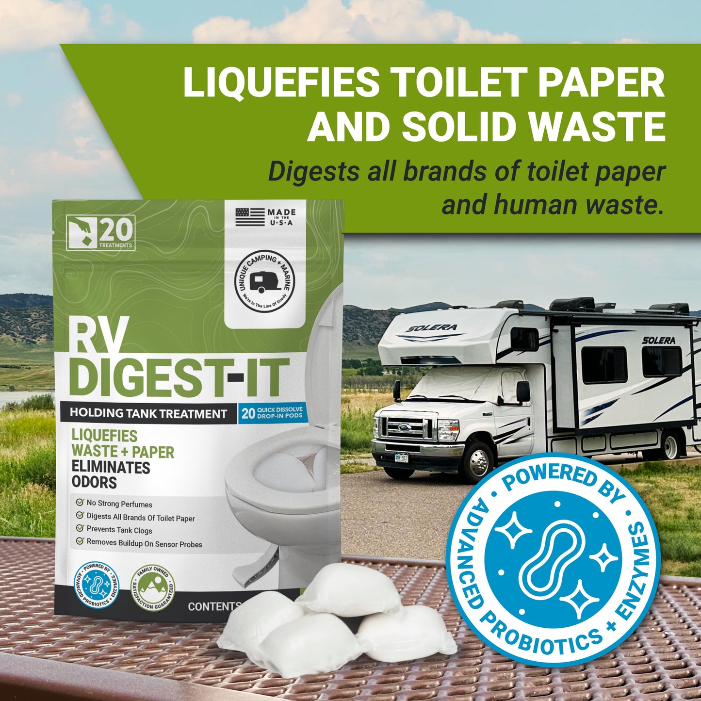 Unique RV Digest-It RV Toilet Treatment, Drop-In Pod - Convenient, Dissolvable, Mess-Free - Eliminates Odors and Liquifies Waste (60 Pods)