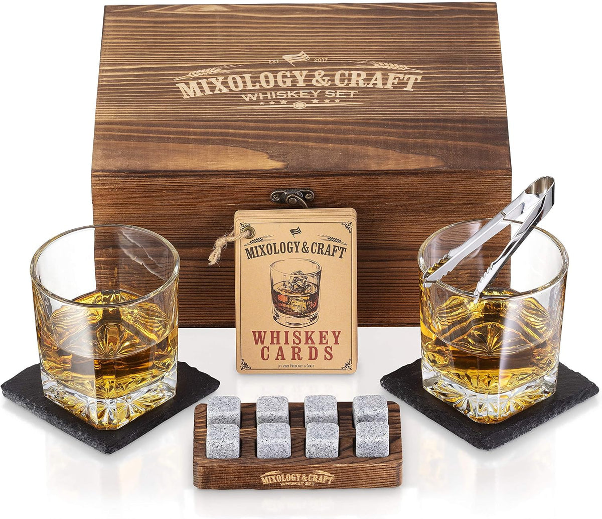 Mixology & Craft Whiskey Stones Gift Set – Includes Two 10oz Crystal Whiskey Glasses, 8 Granite Chilling Rocks, Slate Coasters, Metal Tongs, Cocktail Recipe Cards, Elegant Wooden Storage Box