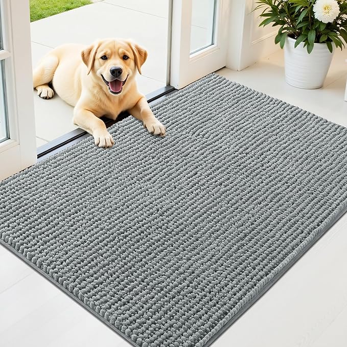 OLANLY Dog Door Mat for Muddy Paws 44x32, Ultra Absorbent Chenille Mud Doormat, Non-Slip Washable and Dirt Trapping Doormat for Indoor Entryway, Quick-Dry Indoor Pet Bed Mats for Dogs, Grey