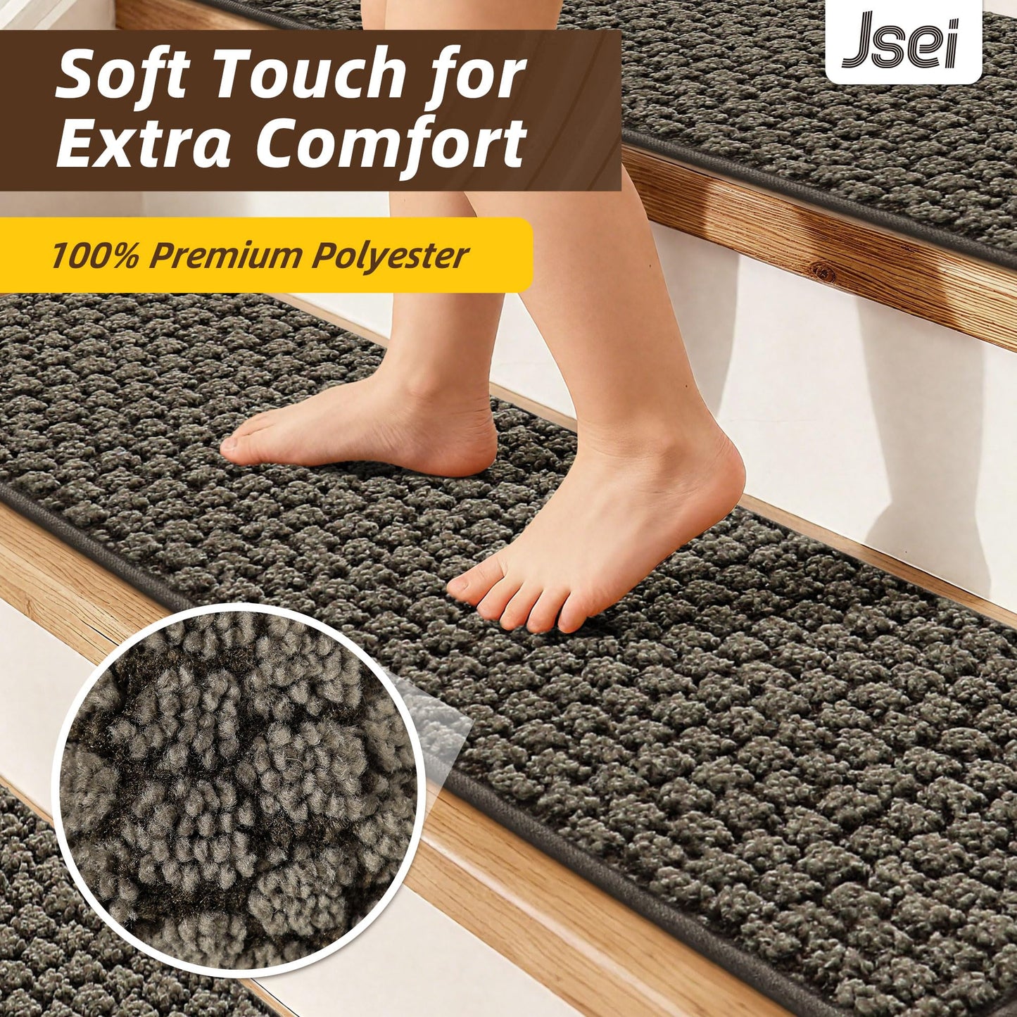 JSEI Stair Treads for Wooden Steps, 14 Pack 9" X 28" Non-Slip Machine Washable Carpet Stair Treads with TPE Backing, Soft Indoor Stair Rug Runner for Kids Elders & Pets, 100% Polyester, Greyish Brown