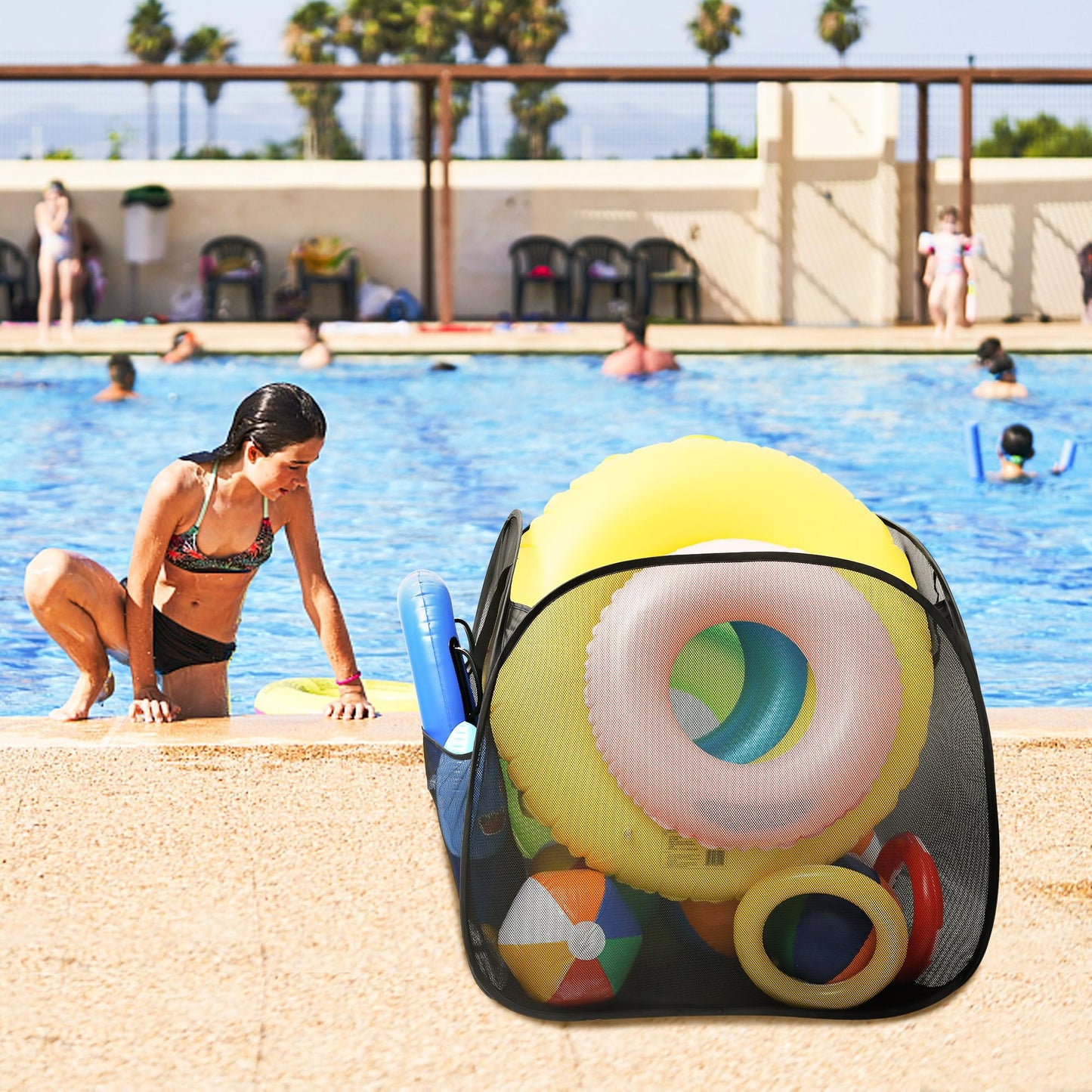 Adnee Pool Toy Storage Bin-30'' x 30'' x 30'' Nylon Mesh Pool Organizer with Side Pocket-105 Gallon Quick Drying Pool Storage for Float, Beach Balls,Towel and Other Swimming Accessories