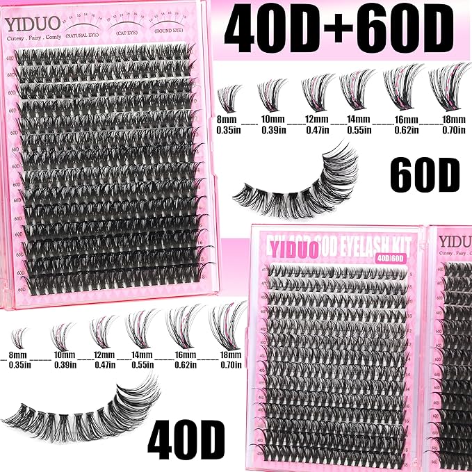 YIDUO 8 Styles Mix Lashes Clusters Kit 4 Box Cluster Lash Book Kit with Bond&Seal 1888Pcs 100D/200D/300D Volume Manga Eyelash Extension with Spikys/Bottom lash Kit for Beginners DIY at Home Easily