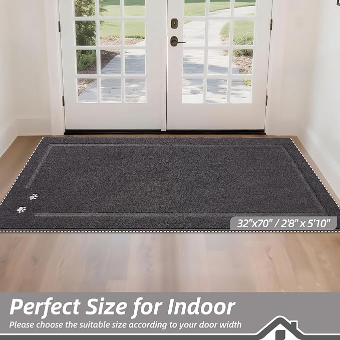 BEQHAUSE Dog Door Mat for Mud Paws Dirt Trapper Doormat Non-Slip Entryway Rugs Absorbent Welcome Mat Washable Indoor Floor Mat Low-Profile for Front Door, 32" x 70", Dark Grey
