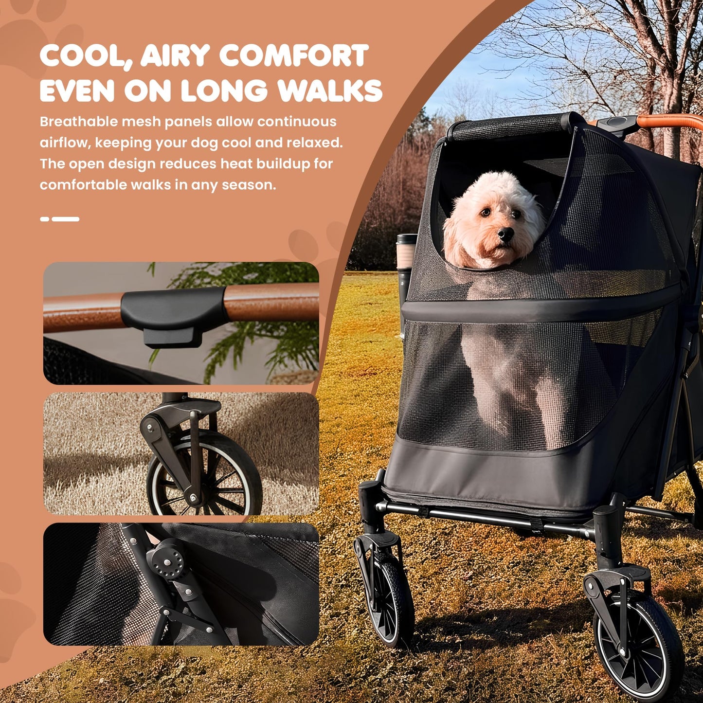 AdventEdge Premium Large Dog Stroller for Pets up to 55lbs, Dog Stroller for Medium Dogs, All-Terrain pet Stroller with Carbon Steel Frame & Breathable Mesh, Black & Grey (Large)