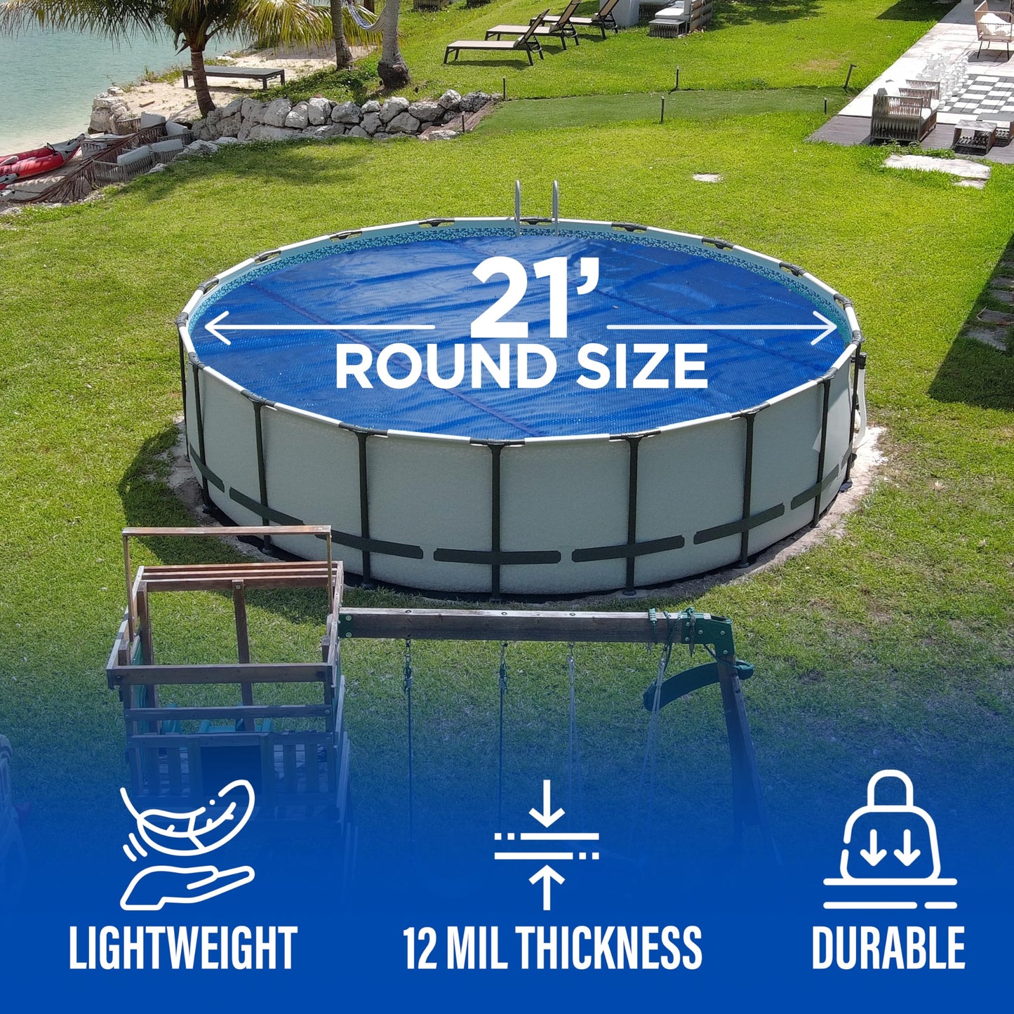 21 Foot Round Solar Cover for Inground and Above Ground Pools, 12 Mil - Premium Heavy Duty Solar Blanket for Above Ground Pool, Blue - Made in USA