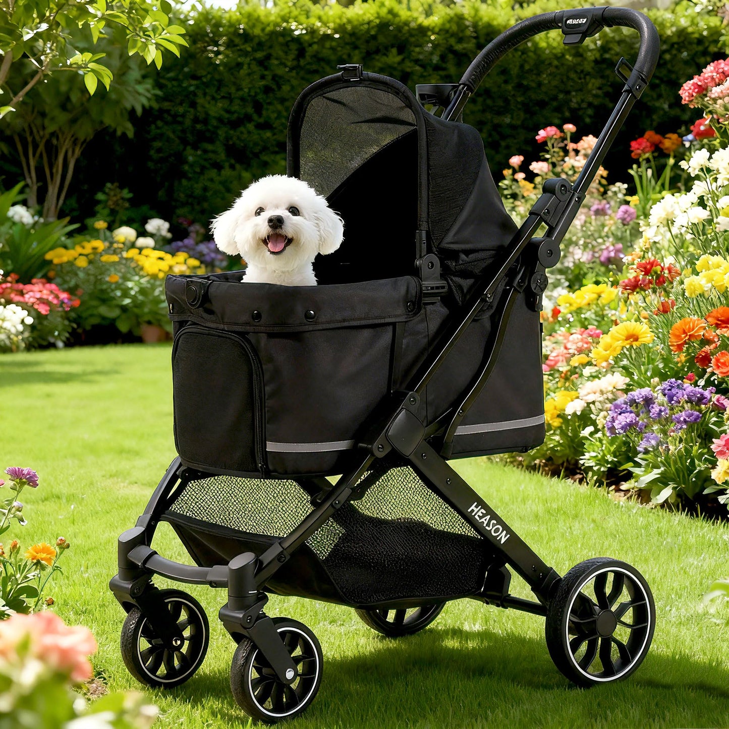 Dog Stroller with Waterproof Rain Cover, Heavy-Duty All-Terrain 4-Wheel Pet Stroller with Adjustable Sunshade Canopy, Foldable Travel Dog Strollers for Small/Medium Dogs Up to 121 lbs