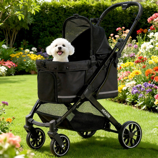 Dog Stroller with Waterproof Rain Cover, Heavy-Duty All-Terrain 4-Wheel Pet Stroller with Adjustable Sunshade Canopy, Foldable Travel Dog Strollers for Small/Medium Dogs Up to 121 lbs