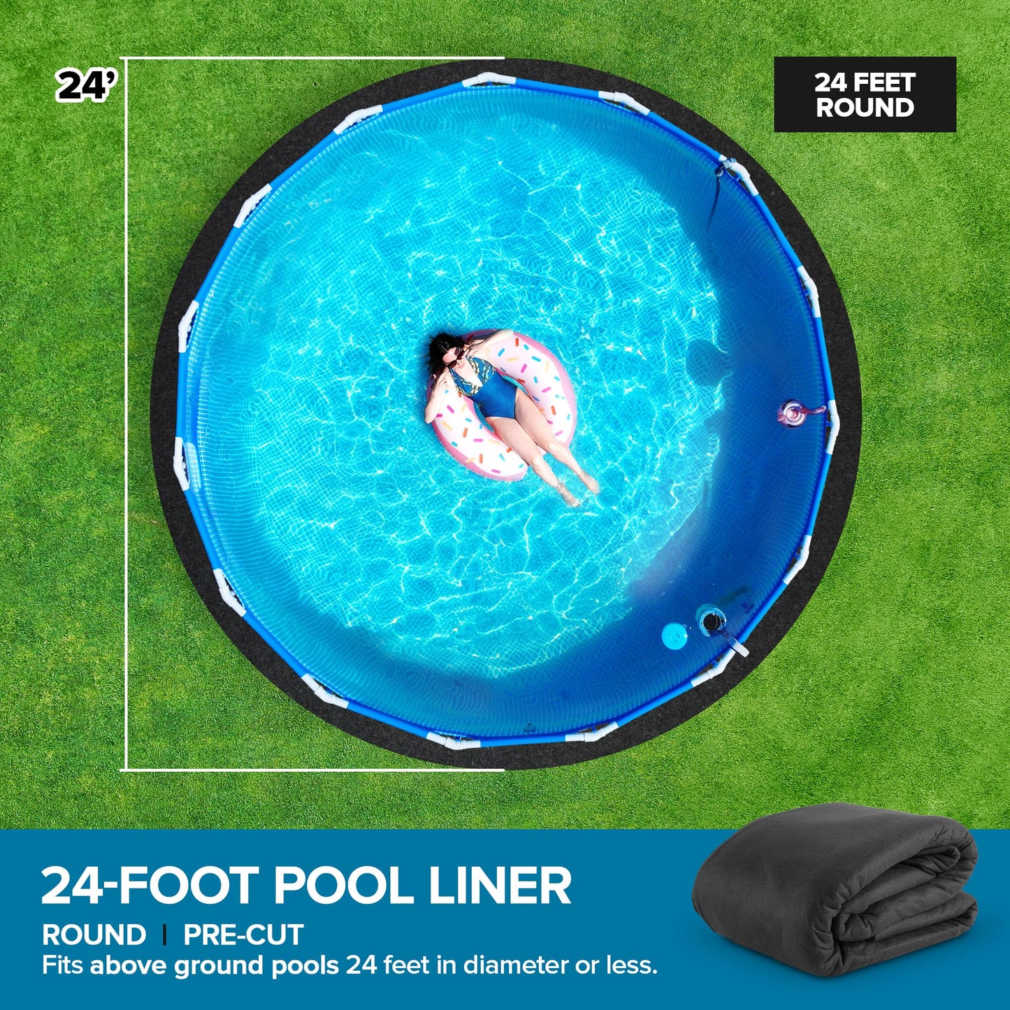 Above Ground Pool Liner Pad, 24' Foot Round, Pre-Cut Heavy Duty Outdoor Pool Pads for Above Ground Pools, Black Swimming Pool Liners for Padding and Protection, Thick Pool Mats to Prevent Punctures