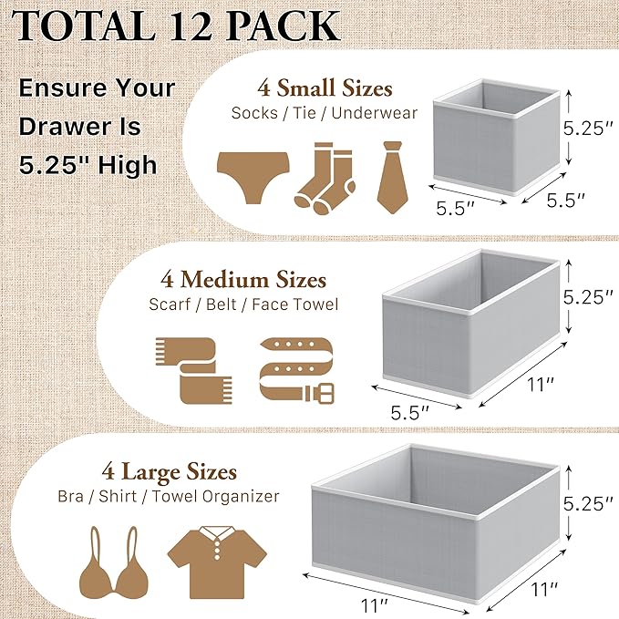 Simple Houseware Foldable Drawer Organizer for Clothes/Underwear/Panty/Onesie Stocking Bin, Set of 12, Gray
